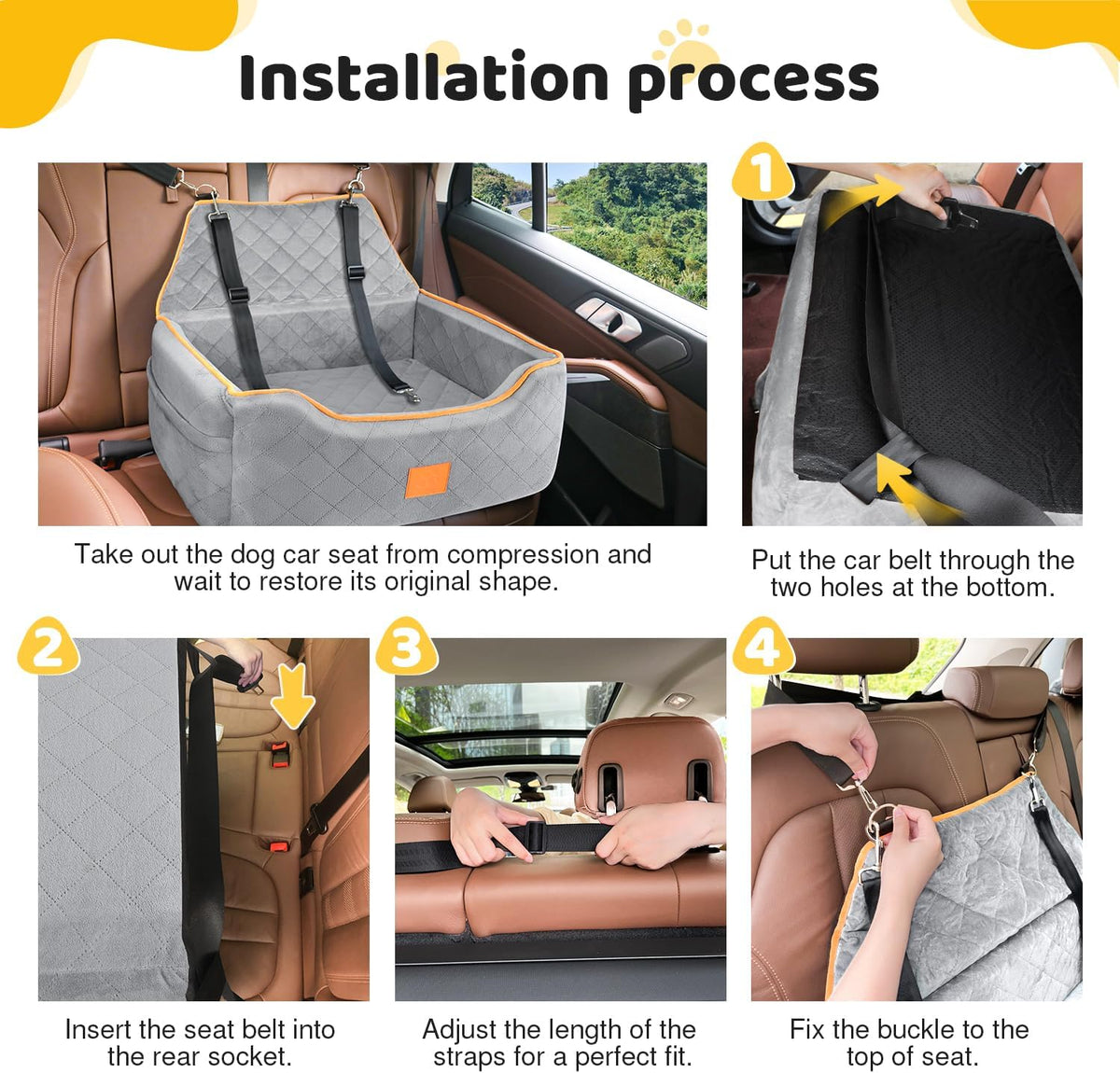 Dog Car Seat for Large/Medium Dog, Booster Seat for Dogs Under 55Lbs or 2 Small Puppy, Detachable and Washable Travel Pet Bed with Thick Cushion and Storage Pockets (Gray)