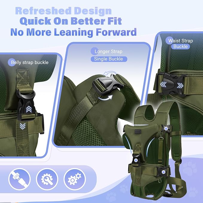 YUDODO Front Pet Carrier Backpack for Small Dog, Legs Out Dog Chest Carrier | Safety Belt, Ergonomic Support, Hands Free, Durable & Comfortable, For Walking Hiking Cycling, Army Green, M