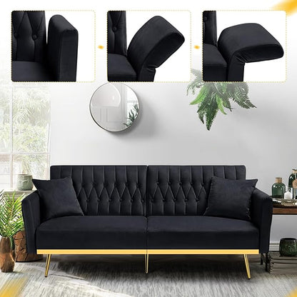 70” Velvet Futon Sofa Bed with 2 Pillows and Adjustable Armrests, Convertible Sleeper Bed W/Adjustable Backrests, Modern Loveseat for Living Room, Bedroom, Black