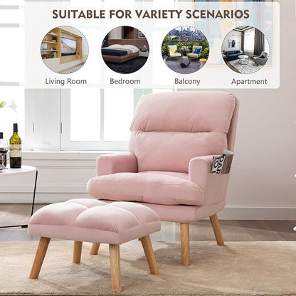 CANMOV Modern Accent Chair with Ottoman, Soft Fabric Armchair with Adjustable Backrest and Side Pockets, Comfy Lounge Chair for Living Room, Bedroom, Apartment, Office, Pink