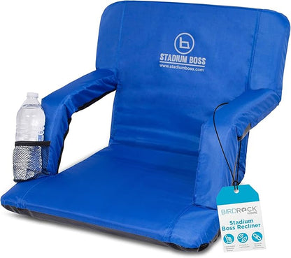 Stadium Boss Recliner Stadium Seat for Bleachers, Benches, Lawns, Backyard, Camping & Beach – Padded Sport Chair, Cushion Backs & Armrest – 6 Reclining Positions – Portable Carry Straps – Blue