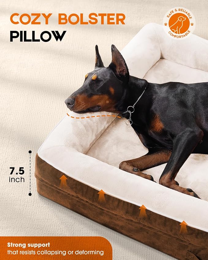 Upvilla Orthopedic Dog Bed XL, Four-Sided Dog Sofa, Washable Cover, Brown | Removable Waterproof Dog Bed Cover, Egg-Crate Orthopedic Foam, Built-In Carry Handle, Indoor Large Pet Beds, Cat Beds