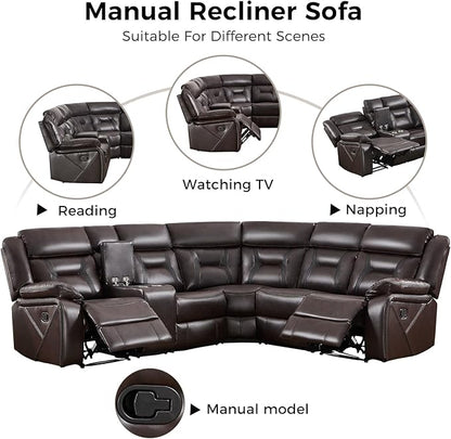 EBELLO Faux Leather Reclining Sectional Sofa Set for Living Room, 1 Recliner Chair and L-Shaped Reclining Couches Home Furniture Set with Center Console, Hidden Cup Holders and Storage, Dark Brown