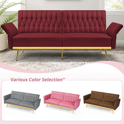 70” Velvet Futon Sofa Bed with 2 Pillows and Adjustable Armrests, Convertible Sleeper Bed W/Adjustable Backrests, Modern Loveseat for Living Room, Bedroom, Red
