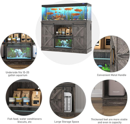Farmhouse 55-75 Gallon Fish Tank Stand with Power Outlet, Aquarium Stand with Cabinet&Sliding Barn Door, Heavy Duty Reptile Tank Stand for 2 Fish Tank/Turtle Tank/Reptile Terrarium, Grey