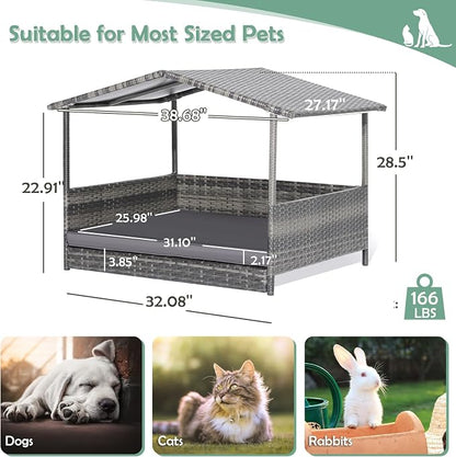 Outdoor Wicker Dog Bed with Canopy, Indoor HDPE Rattan Dog House, Raised Dog Cot Pet House, Elevated Pets Sofa w/Washable Cover, Waterproof Roof Shelter, Removable Cushion Lounge