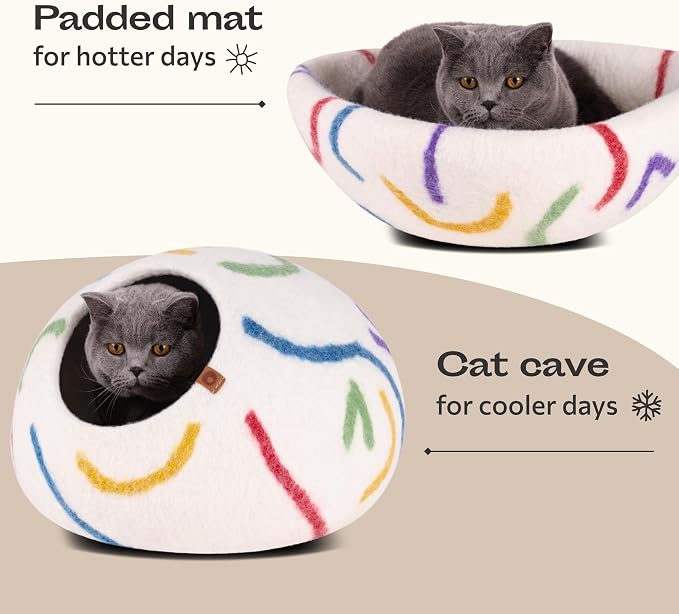 Cat Cave – Premium Felt Cat Bed Enclosure for Indoor Cats, Handmade Merino Wool (Ivory Rainbow, Large)
