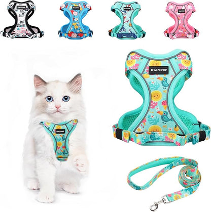 Halypet Cat Harness and Leash Set[MAX Safety 4th-Gen] Cute Escape Proof Vest Harness for Girl&Boy Cat Walking, Comfortable Adjustable Leash and Reflective Strips for Outdoor Kitten, XS Green Tropics