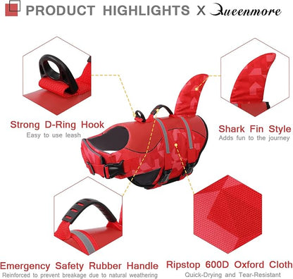 Shark Dog Life Jacket, LifeVests for Boating, High Buoyant Dog Life Vest for Swimming, Adjustable Easy On Pet Jackets for Small, Medium, Large Dogs (Red Triangle,XL)