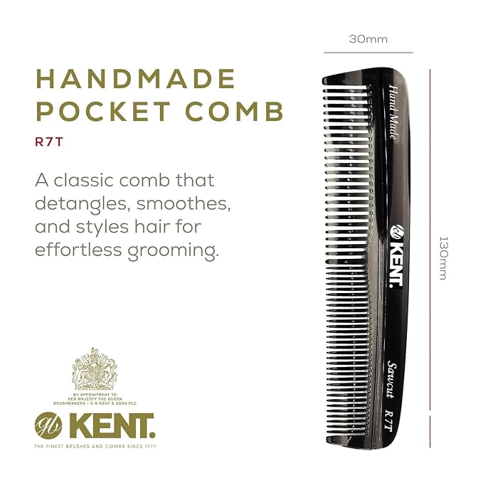 Kent R7TG Black Graphite Double Tooth Hair Pocket Comb, Small Fine/Wide Tooth Comb For Styling Hair, Beard and Mustache, for Men, Women and Kids. Saw Cut and Hand Polished. Handmade in England