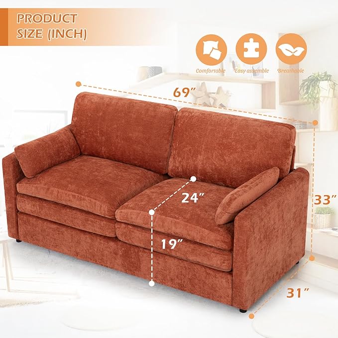 69” Chenille Loveseat Sofa w/Arm Pillows, Upholstered 2-Seater Sofa w/Comfortable Back Cushions, Modern 2 Seats Couch w/High-Density Foam for Living Room, Apartment, Office, Orange