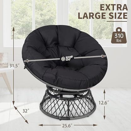 40" Ergonomic Wicker Papasan Chair, 360° Swivel Indoor Outdoor Rattan Chair with Soft Thick Cushion, Ideal for Living Room, Bedroom, Reading Room, Grey Frame with Black Cushion