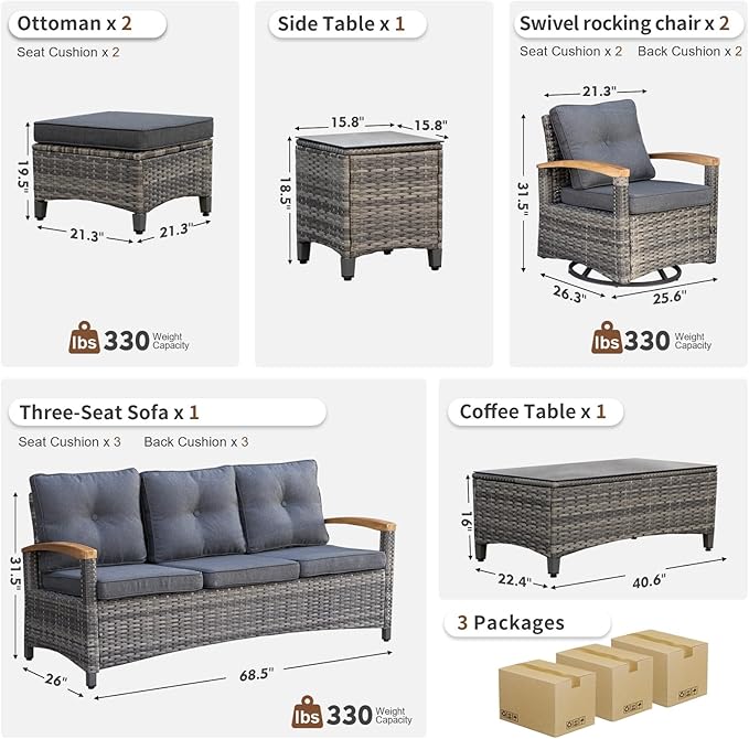 MEISSALIVVE 7 Pieces Patio Furniture Sets,PE Wicker Outdoor Conversation Sets with 2 Wood Armrests Swivel Rocker Chairs, 2 Ottoman, 3-seat Sofa and Coffee Table(Grey)