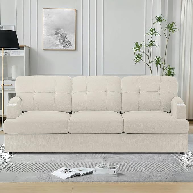 89" Chenille Modern Sofa with Cup Holder, Tufted Upholstered Couch with Thickened Cushions, Comfy 3 Seater Sofa with Deeper Seat for Living Room, Apartment,Beige