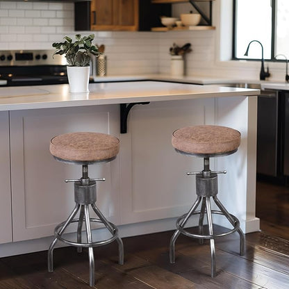 BOKKOLIK Industrial Bar Stools Swivel Pu Seat Vintage Kitchen Island Counter Stool 23-33inch Height Adjustable Rustic Shop Chair (Set of 2)
