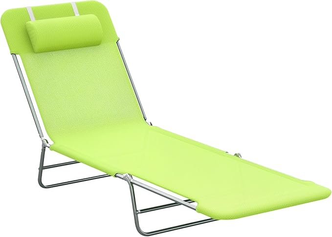 Outsunny Folding Chaise Lounge Pool Chairs, Outdoor Sun Tanning Chairs with Pillow, Reclining Back, Steel Frame & Breathable Mesh for Beach, Yard, Patio, Green