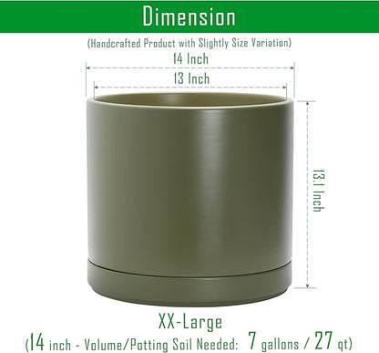 D'vine Dev 14 Inch Ceramic Planter Pot, Olive, 94-O-G-J | Modern Cylinder Design, Drainage Hole & Saucer Included, Stable Structure, Elegant Home Accent