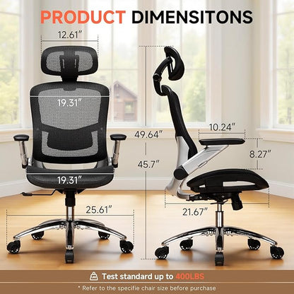 COMHOMA Big and Tall Ergonomic Mesh Office Chair, High Back Home Desk Chair Computer Gaming Chair with Headrest, Flip-Up Arms, 90-125° Tilt Lock and Wide Cushion, Task Chair for Man Woman- Black