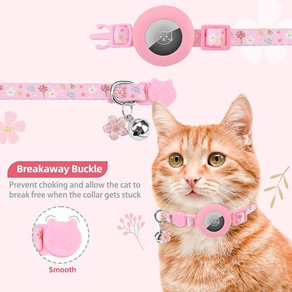 PUPTECK Airtag Cat Collar Breakaway 2 Pack with Bells, Reflective Kitten Collar with Air Tag Holder for Boy Girl Kitty and Puppies, Soft, Pink