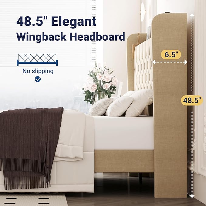 Allewie Queen Size Bed Frame, Storage Headboard with Charging Station, Wingback Linen Upholstered, Diamond Stitched Button Tufted, Sturdy Wooden Slats, No Box Spring Needed, Easy Assembly, Beige