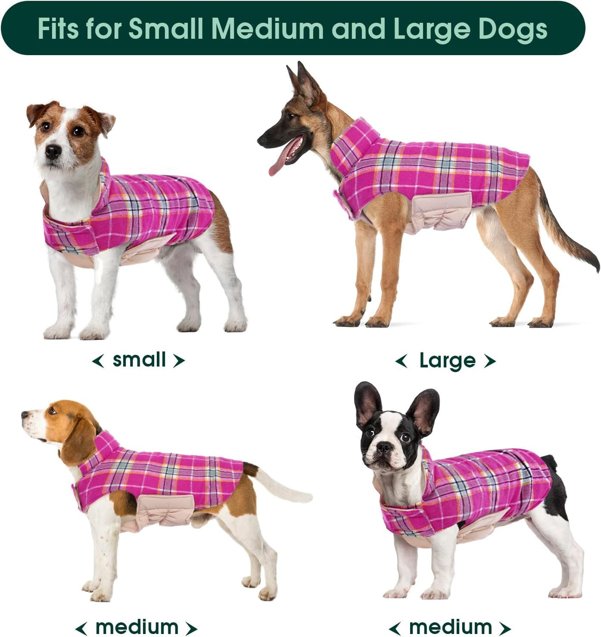 Kuoser Waterproof Dog Coat, Reversible Dog Jacket for Large Dogs, Adjustable Durable Doggie Winter Coat for Groowing Puppies Warm Puppy Cold Weather Apparel, Rose L