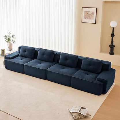 150" Modern Corduroy Cloud Sofa, Boneless Modular Large Sectional Couches for Living Room, Blue 4 Seater Compressed Memory Foam Couch, Extra Deep Seat, No Assembly