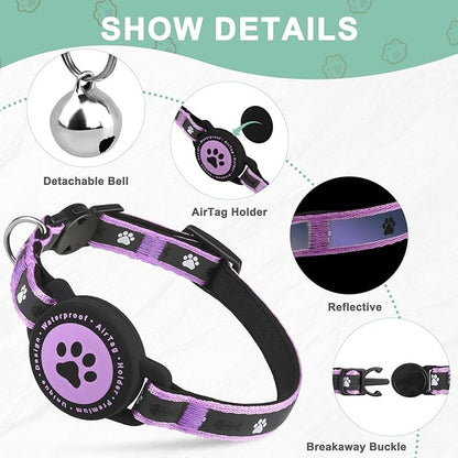 Airtag Cat Collar Breakaway, Reflective Cat Collar with AirTag Holder and Bell, Compatible with Apple Air Tag, Comfortable Padding, Adjustable, Durable (Purple, XS)