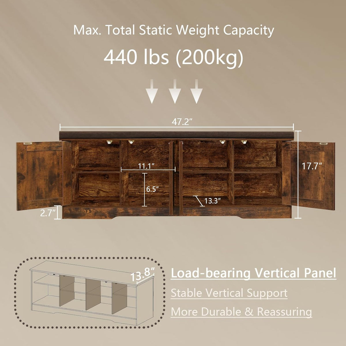 DINZI LVJ Shoe Bench, Entryway Storage Bench with Doors, Cushion, 2-Tier Shoe Rack with 8-Cubby, 47.2”L x 13.8”W Shoe Organizer Cabinet, Adjustable Shelf, Living Room, Bedroom, Rustic Brown