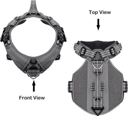 ICEFANG Quick-Moving Tactical Dog Harness for Large Dogs,No Pull Dog Vest | Control Handle,Reflective,Full Metal Buckles,Adjustable,Hook-and-Loop Panel,Soft Padded,Grey,Large