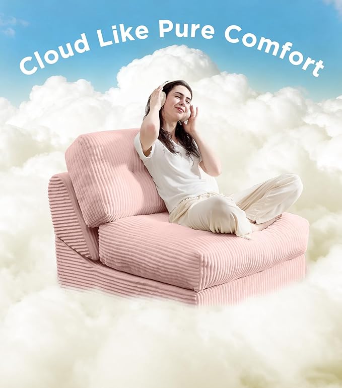 Tbfit Folding Sofa Bed, Convertible Sleeper Chair with Large Pillow, Corduroy Folding Couch Bed, Portable & Foldable Mattress Boneless Floor Sofa for Living Room, Bedroom, Office, Pink, Single