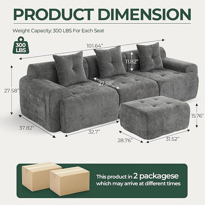 YAAREE 101.65” Modular Sectional Couch for Living Room, Modren L-Shape Cloud Sectional 3-Seater Sofa with Movable Ottoman, Woven Texture Upholstery Boneless Couch, No Assembly Grey