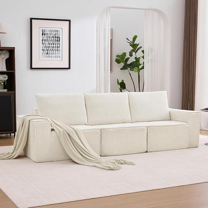 102” Boneless Modular Couch, 3 Seater Cloud Sofa for Living Room, Modern Sectional Sofa with Deep Seat, Comfy Fluffy Loveseat Couch, No Assembly Required, Beige