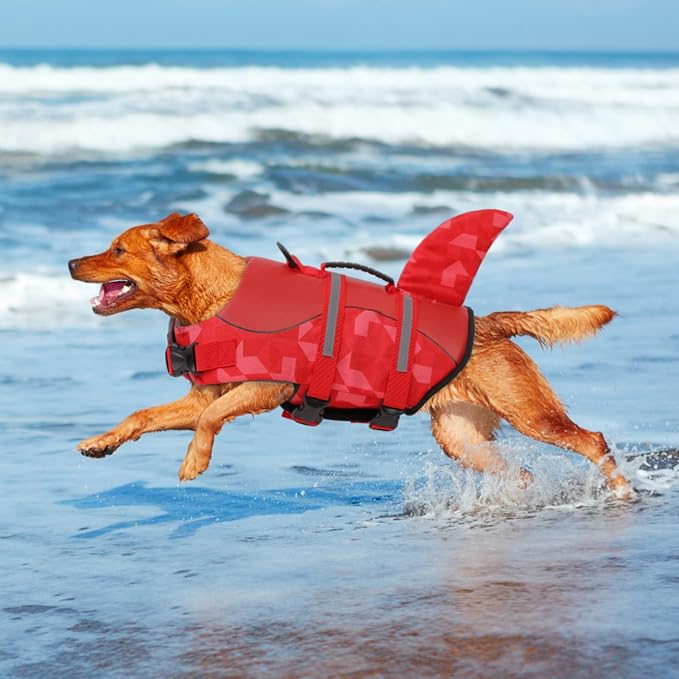 Shark Dog Life Jacket, LifeVests for Boating, High Buoyant Dog Life Vest for Swimming, Adjustable Easy On Pet Jackets for Small, Medium, Large Dogs (Red Triangle,XL)