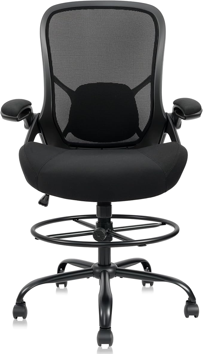 HYLONE 400lbs Big and Tall Heavy Duty Drafting Chair 5" Thickened Seat Tall Office Chair Flip-Up Armrests Ergonomic Chair with Lumbar Support and Adjustable Footrest Ring Standing Desk Chair (Black)