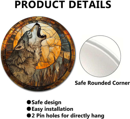 Lygond Metal Sign Tin Sign Circular Stained Glass Gray Wolf Bar Signs for Home Bar for Bar 8×8 Inches