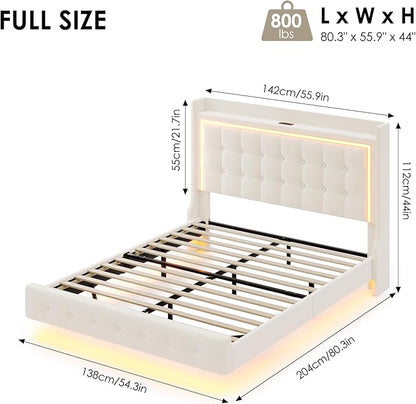 Keyluv Upholstered Full Floating Bed Frame with RGB LED Lights and Charging Station, Velvet Platform Bed with Button Tufted Storage Headboard, Type-C & USB Charging Ports, No Box Spring Needed, Beige