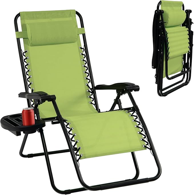 Tangkula Zero Gravity Chair, Folding Patio Lounge Chair Adjustable Outdoor Recliner with Cup Holder, Wide Armrest for Patio Garden Poolside Outdoor Yard Beach, Support 350 lbs (1, Green)