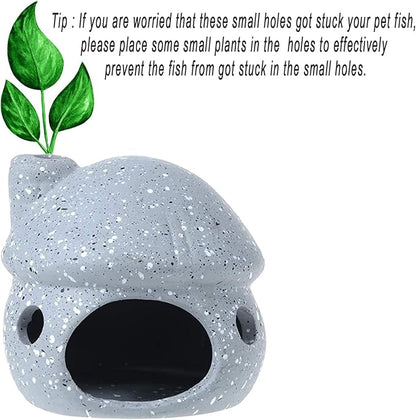 Saim Aquarium Decorations Mushroom House Ceramic Cave, Betta Fish Hideout Breeding Mushroom Cave Fish Tank Ornaments for Amano Shrimp Cichlid Bonsai to Play, Hide and Rest - Grey