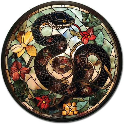 Lygond Metal Sign Tin Sign Circular Stained Glass Snake Gardening Sign for Gift 12×12 Inches