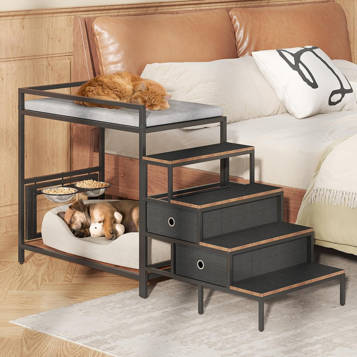 Dog Window Perch with 360° & Adjustable Raised Feeder, Pet Bunk Bed with Removable Stair and 2 Drawers, Elevated Platform Bed, Pet Elevated Seat with Cushion, Paw-Friendly Ladder