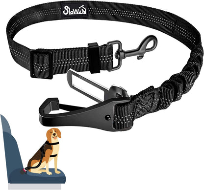 SlowTon Dog Seat Belt, Adjustable Dog Safety Belt Leash, 2 in 1 Latch Bar Attachment Dogs Car Seatbelt with Elastic Nylon Bungee Buffer, Reflective Nylon Belt Tether Connect to Dog Harness(B,35.5in)