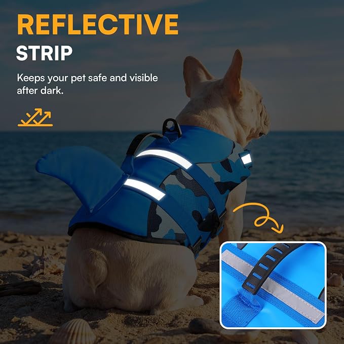 Dog Life Jacket Ripstop Dog Shark Safety Vest Adjustable Preserver with High Buoyancy and Durable Rescue Handle for Small,Medium,Large Dogs, Blue Camouflage X-Small