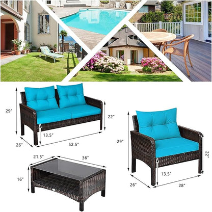 HAPPYGRILL 4-Piece Patio Furniture Set Outdoor Rattan Wicker Conversation Set with Coffee Table, Sectional Sofa Bistro Set with Cushions for Garden Poolside Backyard