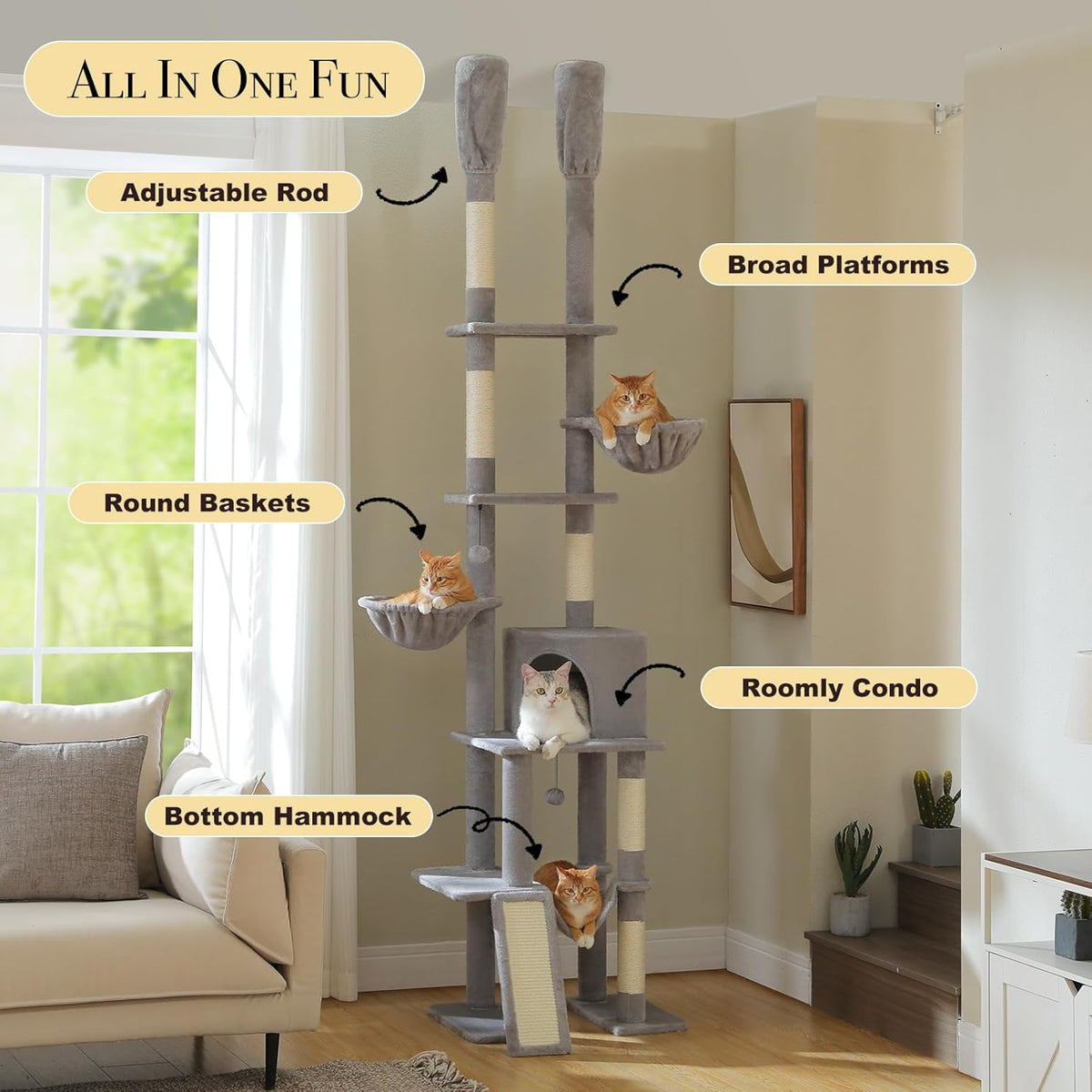 PAWZ Road Tall Cat Tree, Floor to Ceiling Cat Tower with Adjustable Height(85-112 Inches), 7 Tiers Climbing Tower with Cozy Hammocks, 5 Platforms and Scratching Posts for Indoor Cats-Gray