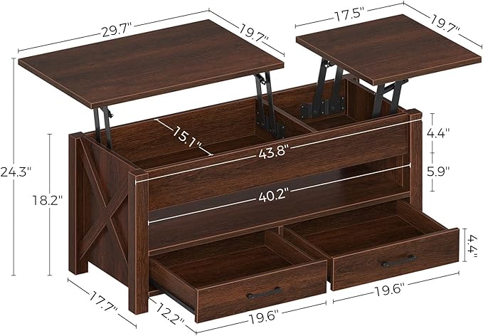 Seventable Coffee Table, 47.2" Lift Top Coffee Table with 2 Storage Drawers and Hidden Compartment, Farmhouse Center Table with Wooden Lift Tabletop, for Living Room,Espresso