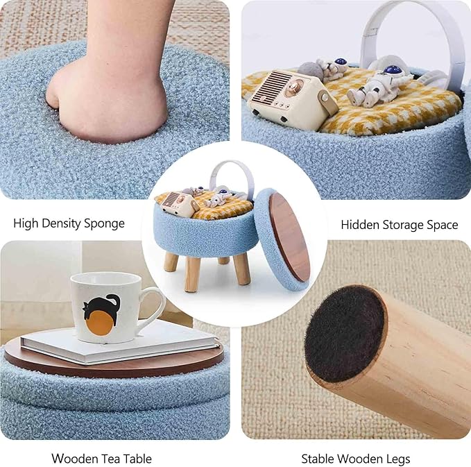 Wimarsbon Storage Ottoman, Modern Round Footrest with Soft Padded Seat, Teddy Velvet Footstool with Wood Legs, Accent Small Table or Plant Stand for Hallway, Living Room (Blue)