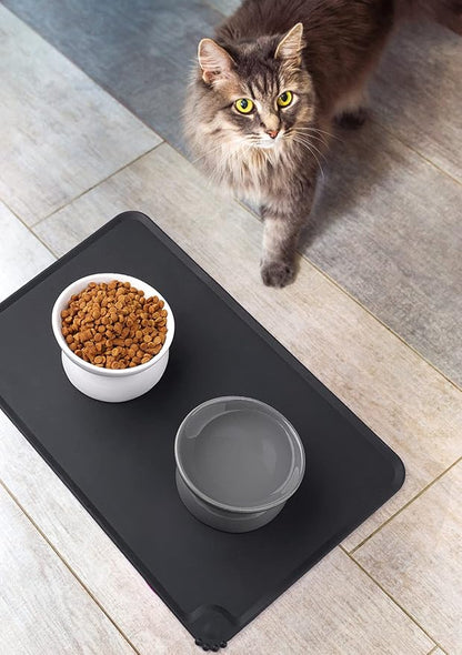 LoeJan Elevated Cat Food Bowl, 5 Oz Ceramic Raised and Tilted Water Bowl, Anti Vomiting and Protect Pets' Spines Dishes for Small Dog, Fat Faced Cat, Kitten (White & Grey)