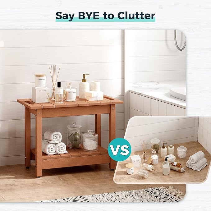 Waterproof Shower Bench, 24" Poly Lumber Shower Stool for Shaving Legs, Shower Chair Seat with Storage Shelf and Handles, Bathroom Bench for Inside Shower, Non-Slip (Brown)