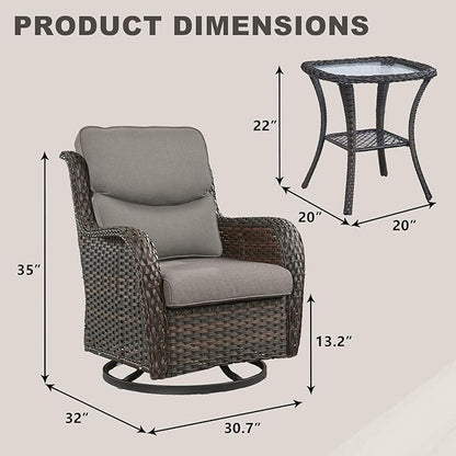 Rilyson Wicker Rocking Chair Swivel Chairs - 3 PC Rocker Patio Furniture Set Rattan Rocking Bistro Sets with Glass Top Side Table for Outdoor Porch Deck Garden Backyard (Brown/Grey/Smile)
