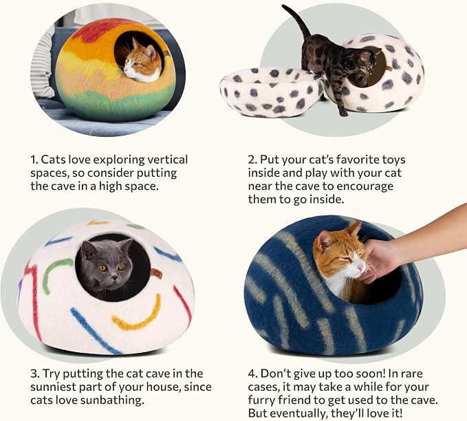 Cat Cave – Premium Felt Cat Bed Enclosure for Indoor Cats, Handmade Merino Wool (Ivory Rainbow, Large)